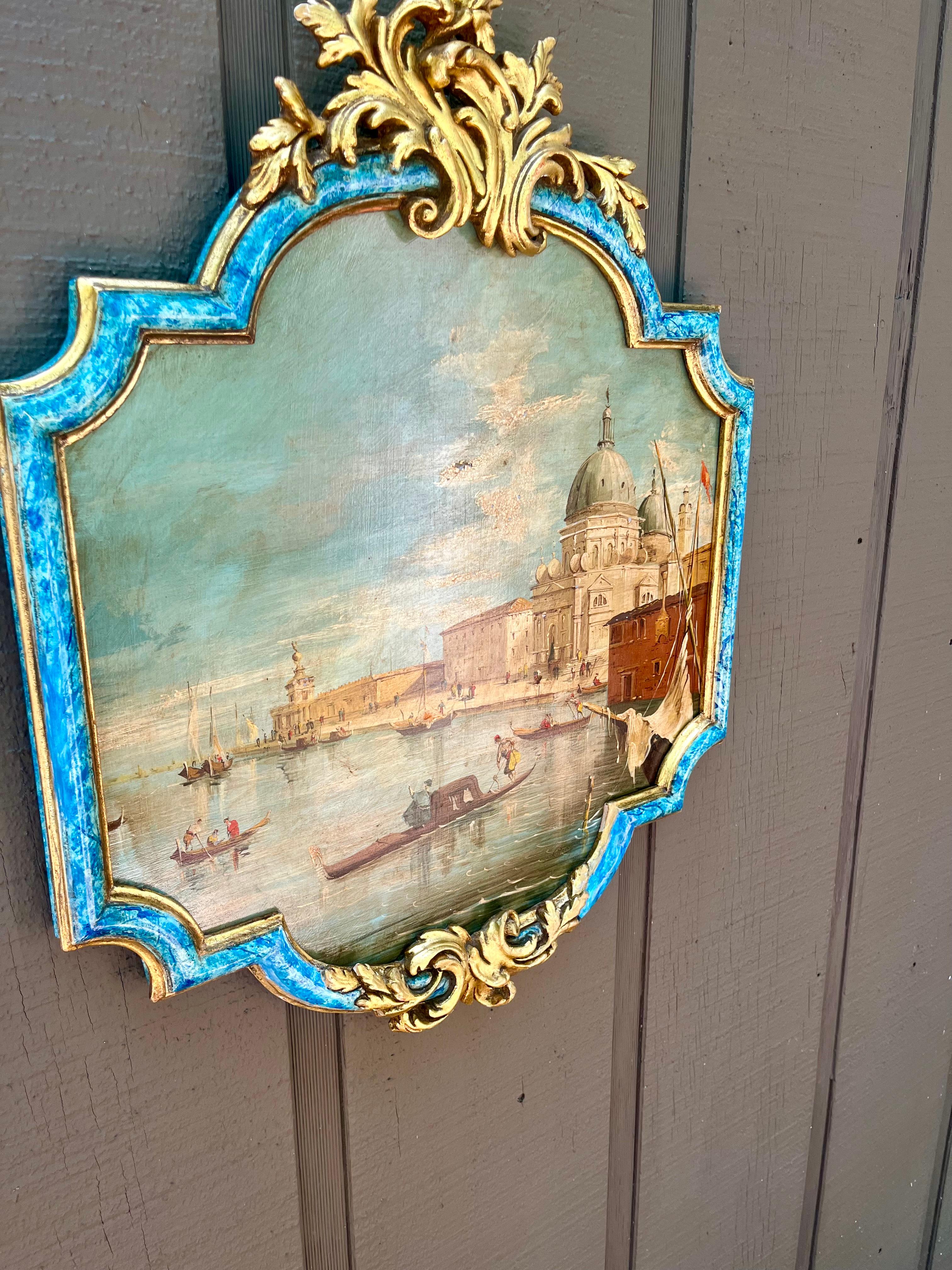 Juego de Escenas del Canal Veneciano en Marco Marmolizado y Madera Dorada en venta 3