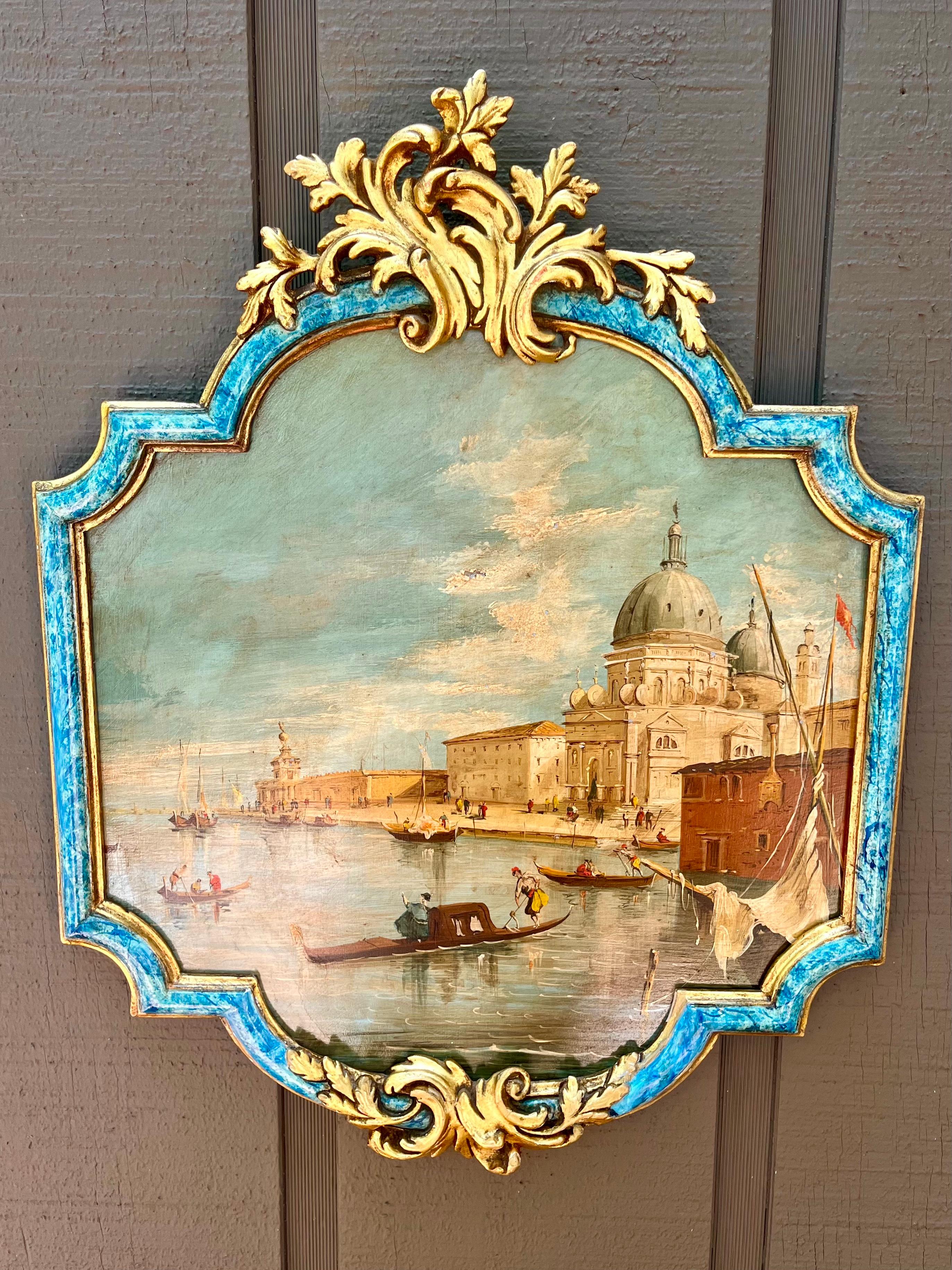 Óleo sobre tabla Escena del canal veneciano mirando hacia la desembocadura del Gran Canal con Della Salute a un lado .
Típico del estilo Grand Tour de los siglos XVIII, XIX y XX. 