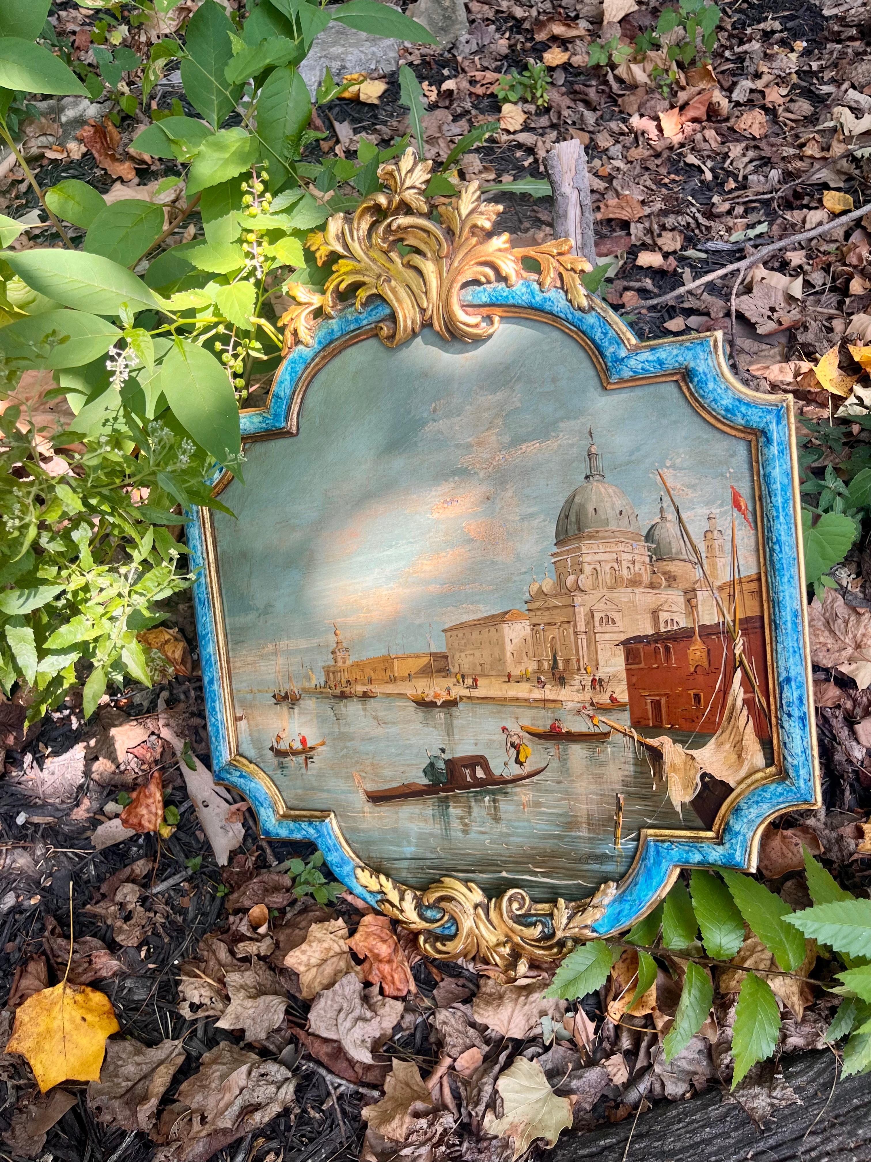 Juego de Escenas del Canal Veneciano en Marco Marmolizado y Madera Dorada Dorado en venta