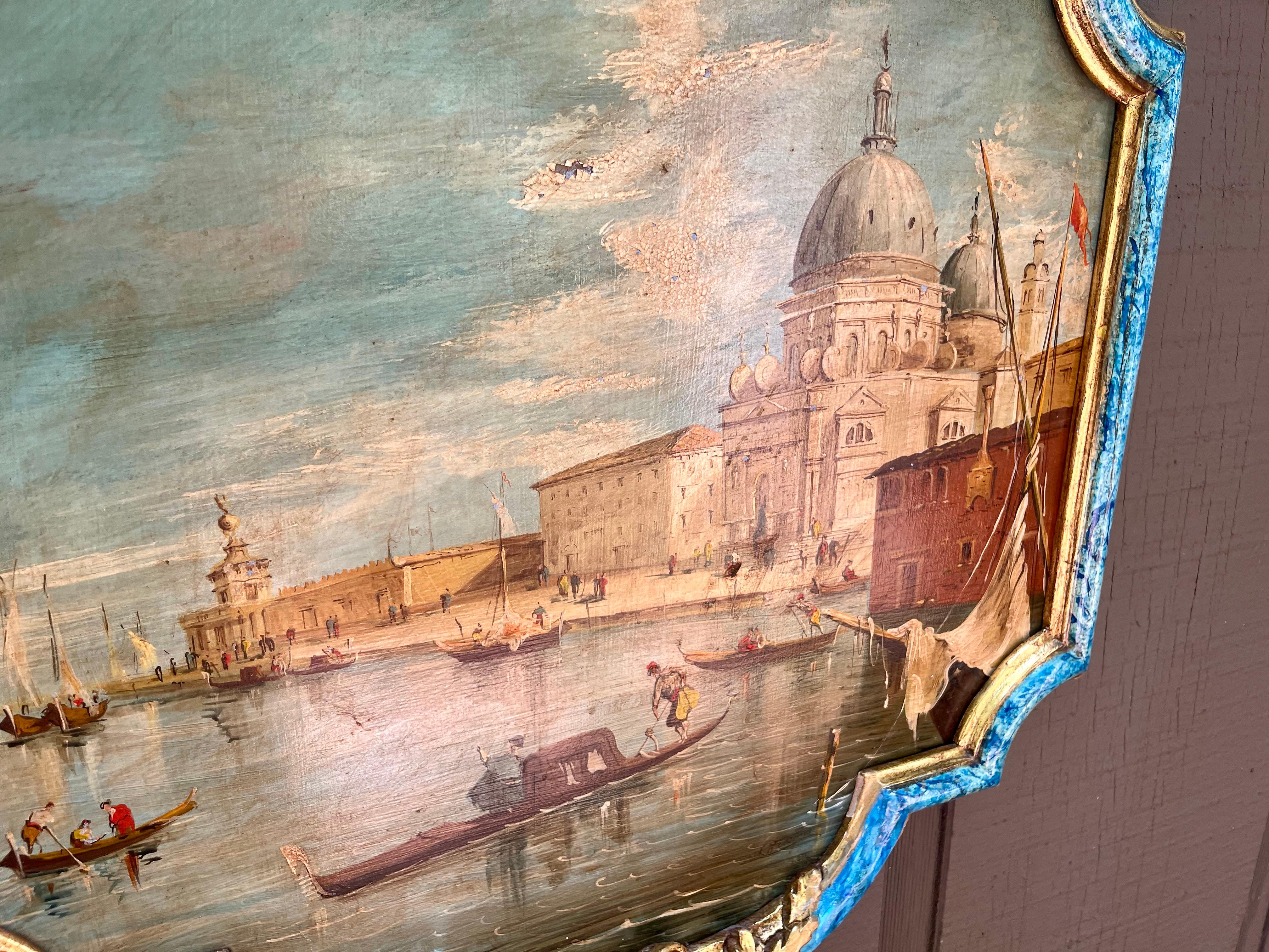 Juego de Escenas del Canal Veneciano en Marco Marmolizado y Madera Dorada siglo XX en venta