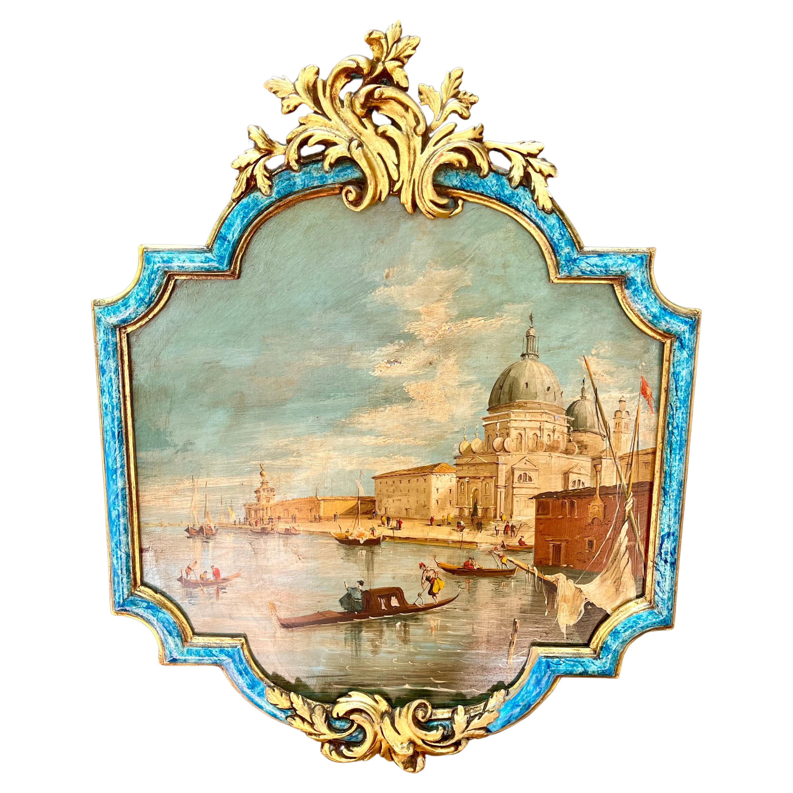 Venetian Canal Scene Set in Marbleized and Giltwood Frame