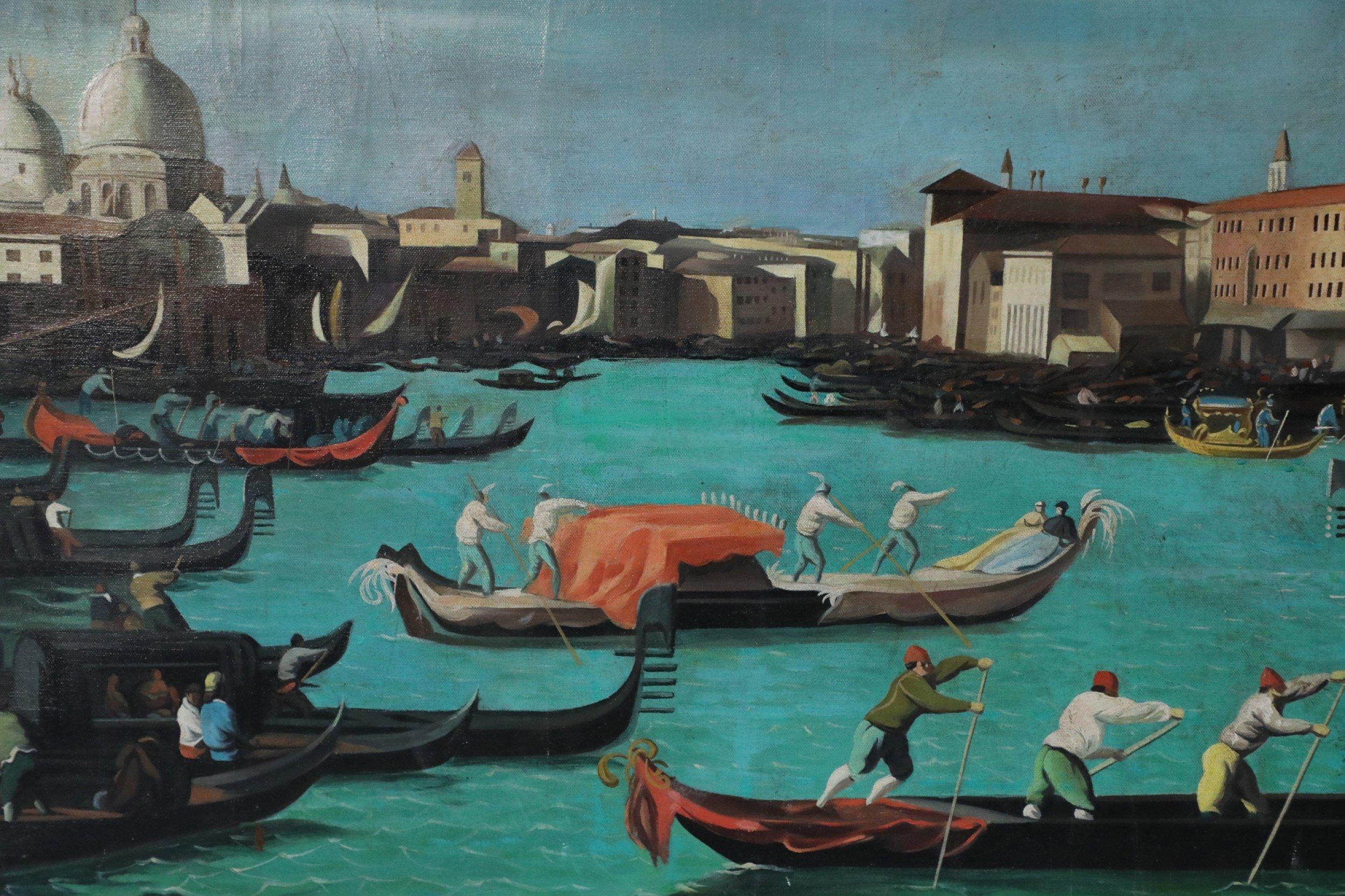Oiled Grand Tour Style 20th Century Venetian Canal Oil Painting For Sale