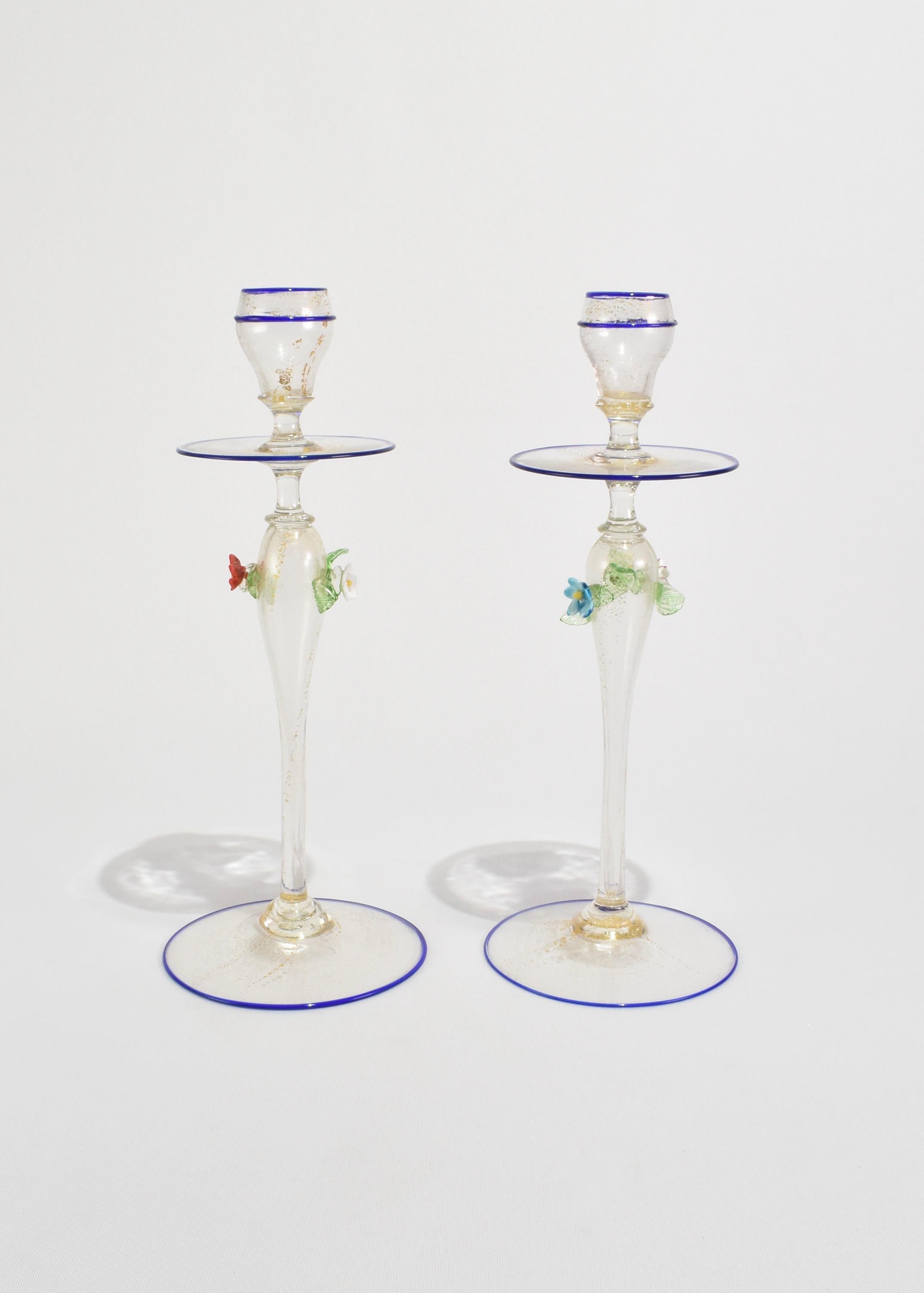 Stunning Venetian candleholder set with gold fleck detail, blue trim and applied flowers. Made in Italy. Fits a candle measuring 1.25
