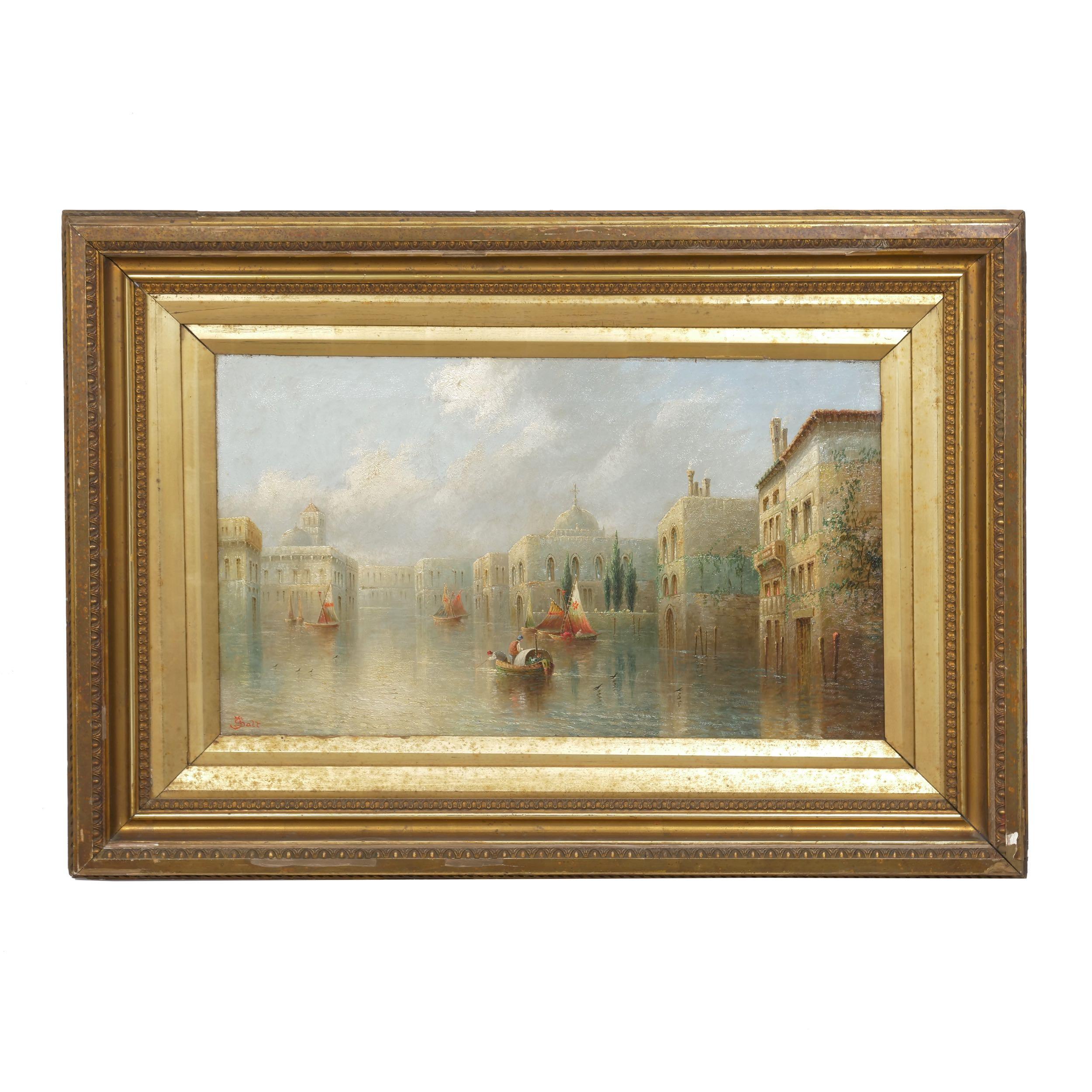 As a specialist in these Capriccio scenes, James Salt became well known for his imagined and idealized views of Venice. His hand is quickly recognizable with the vivid use of translucent and nearly pastel colors and a highly atmospheric handling of