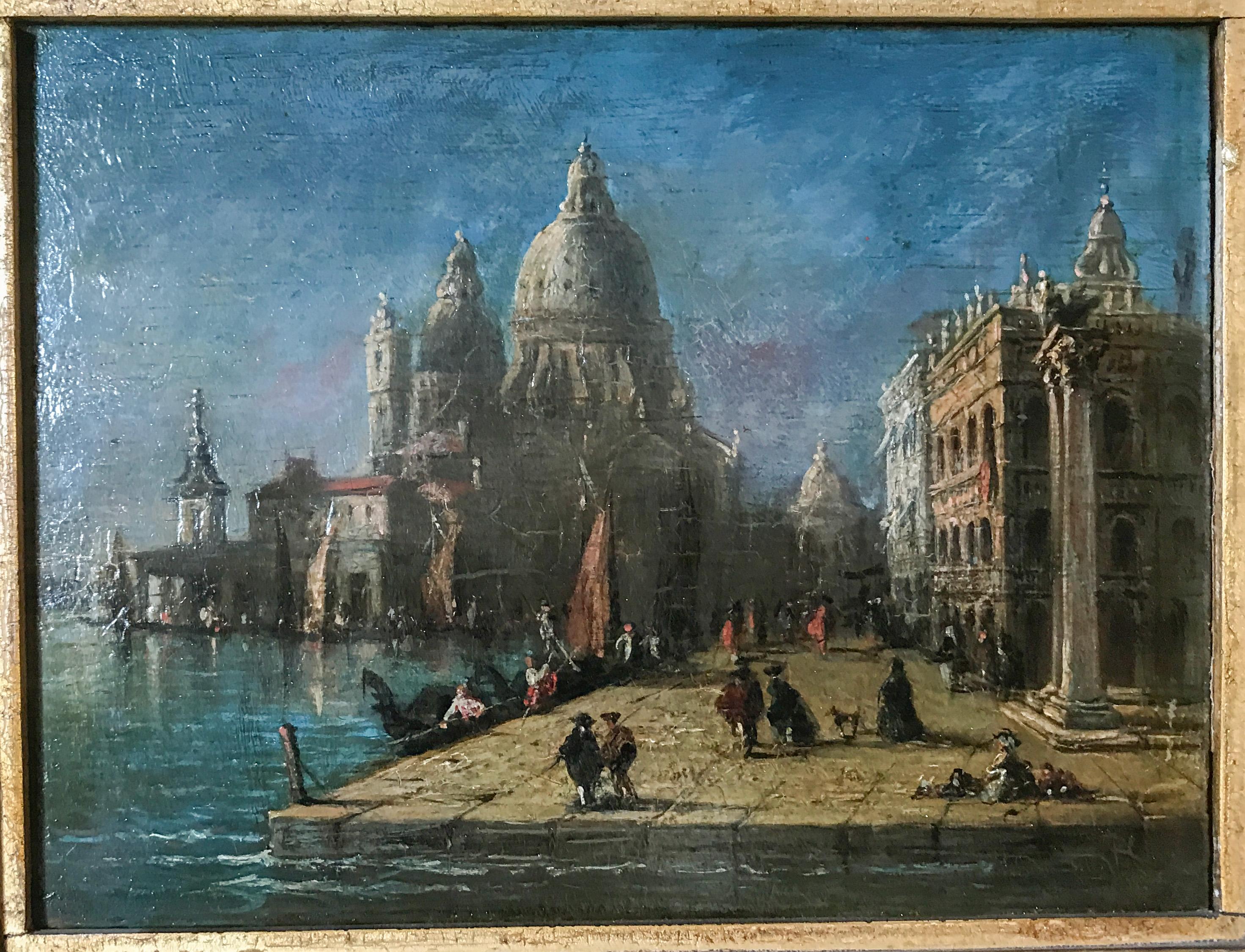 Venezianisches Capriccio mit Santa Maria della Salute und Figuren
Italienische Schule, 18. Jahrhundert
Öl auf Eichenholzplatte
Abmessungen: Tafel - 16 x 21,5 cm (6,3 x 8,5 Zoll).
Provenienz: Europäische Privatsammlung

Dieses wunderschön komponierte