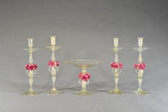 5 Pc. Venetian Centerpiece Set Candlesticks w/ Gold Leaf Applied Pink Roses