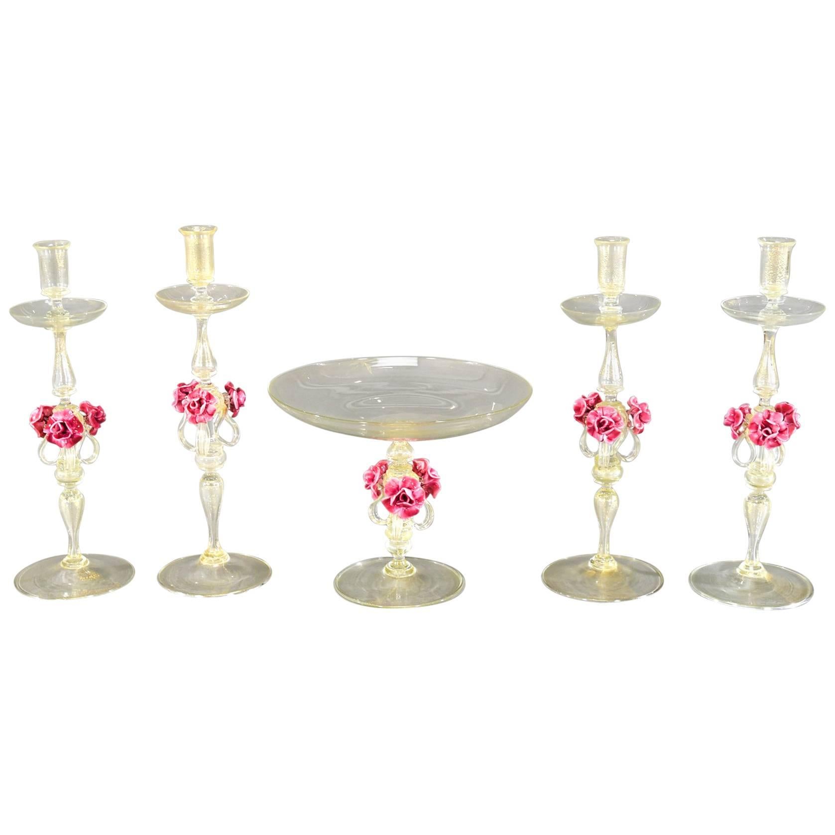 5 Pc. Venetian Centerpiece Set Candlesticks w/ Gold Leaf Applied Pink Roses For Sale