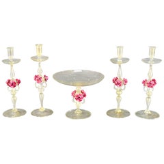 5 Pc. Venetian Centerpiece Set Candlesticks w/ Gold Leaf Applied Pink Roses