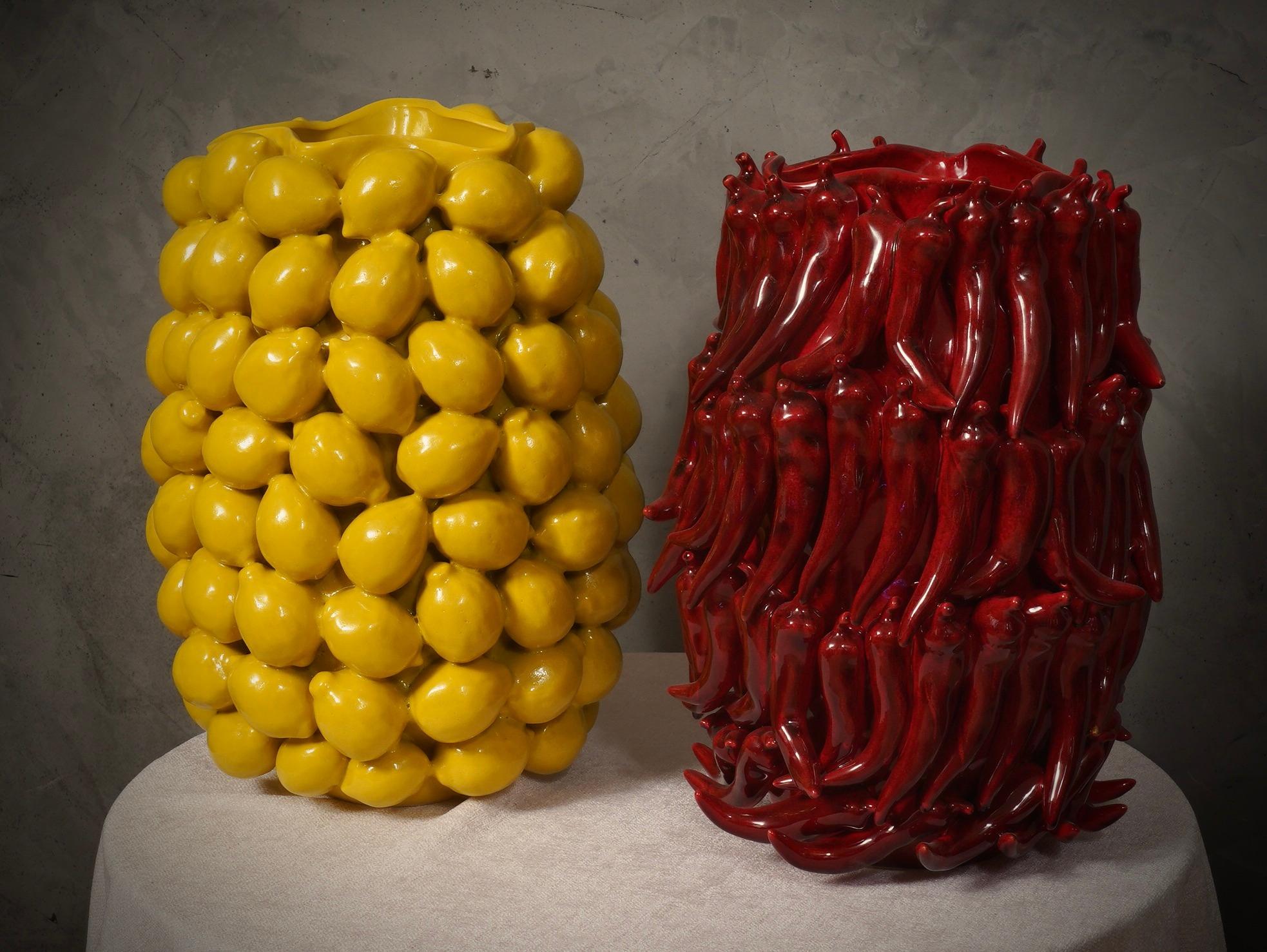 Mid-Century Modern Venetian Ceramics Round Yellow Color Mid-Century Vases, 2020 For Sale