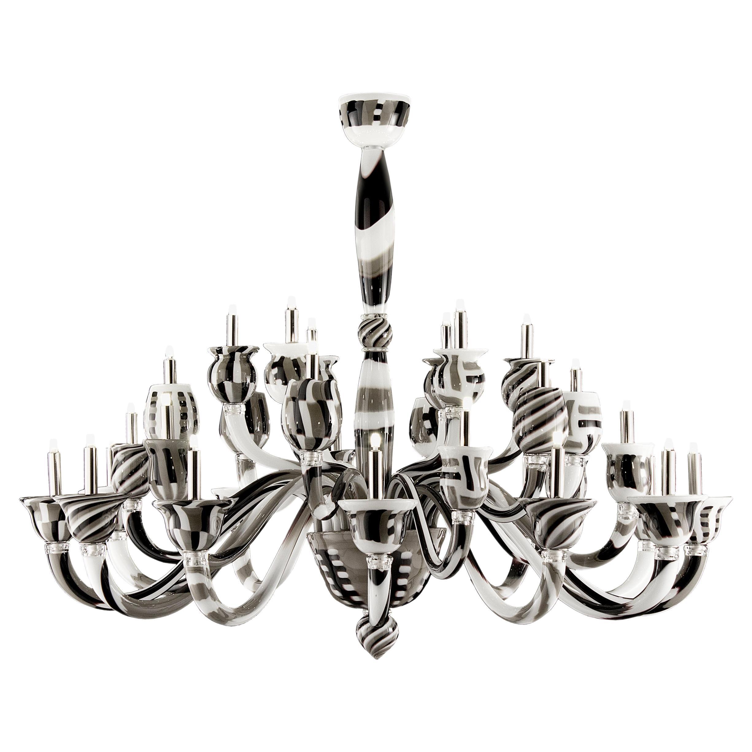 Venetian Chandelier 30 Arms White-Black Murano Glass by Multiforme in Stock