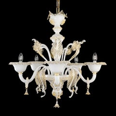 Venetian Chandelier 5 Arms, Murano White Encased Glass, Gold Details, Multiforme