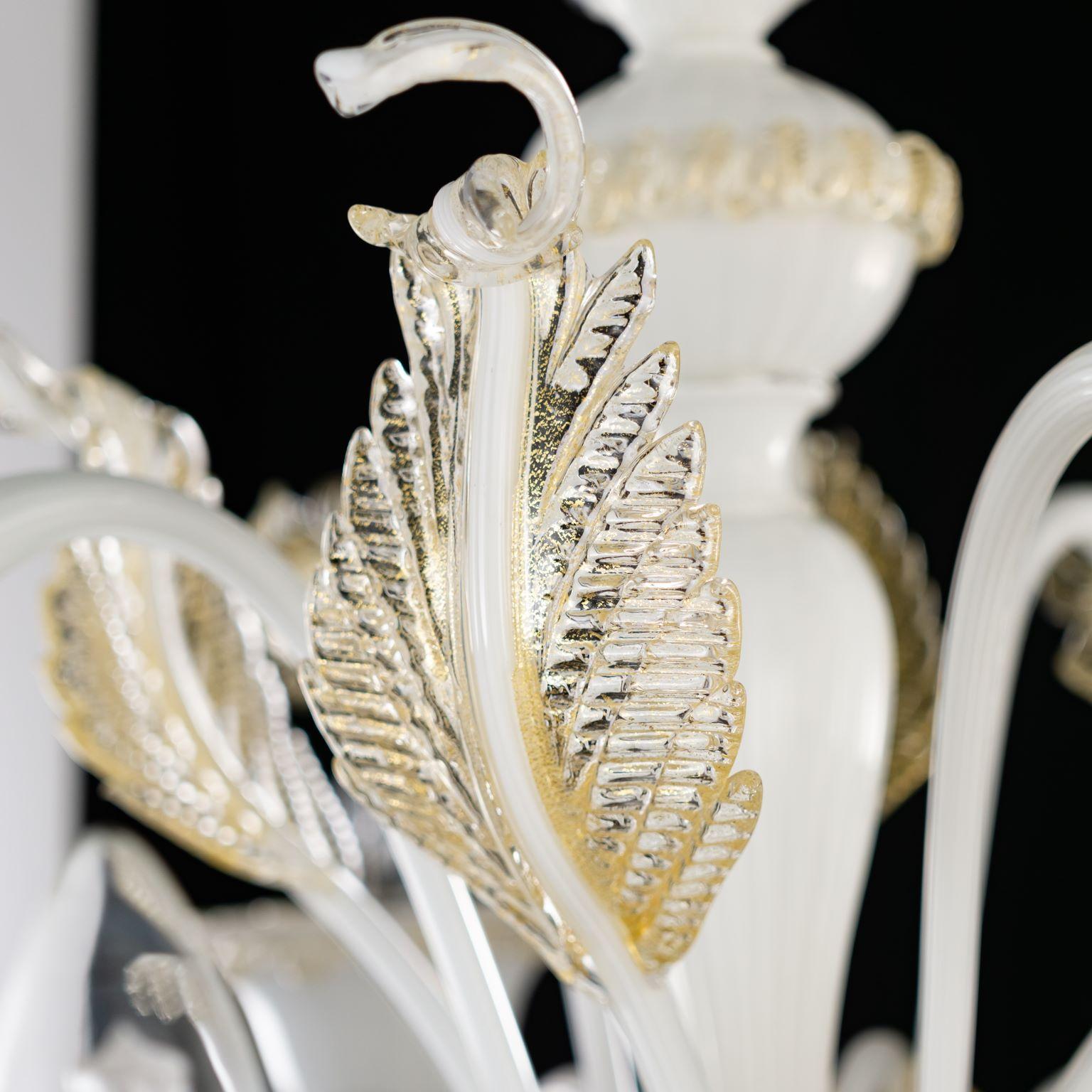 Italian Venetian Chandelier 5 Arms, Murano White Encased Glass, Gold Details, Multiforme For Sale