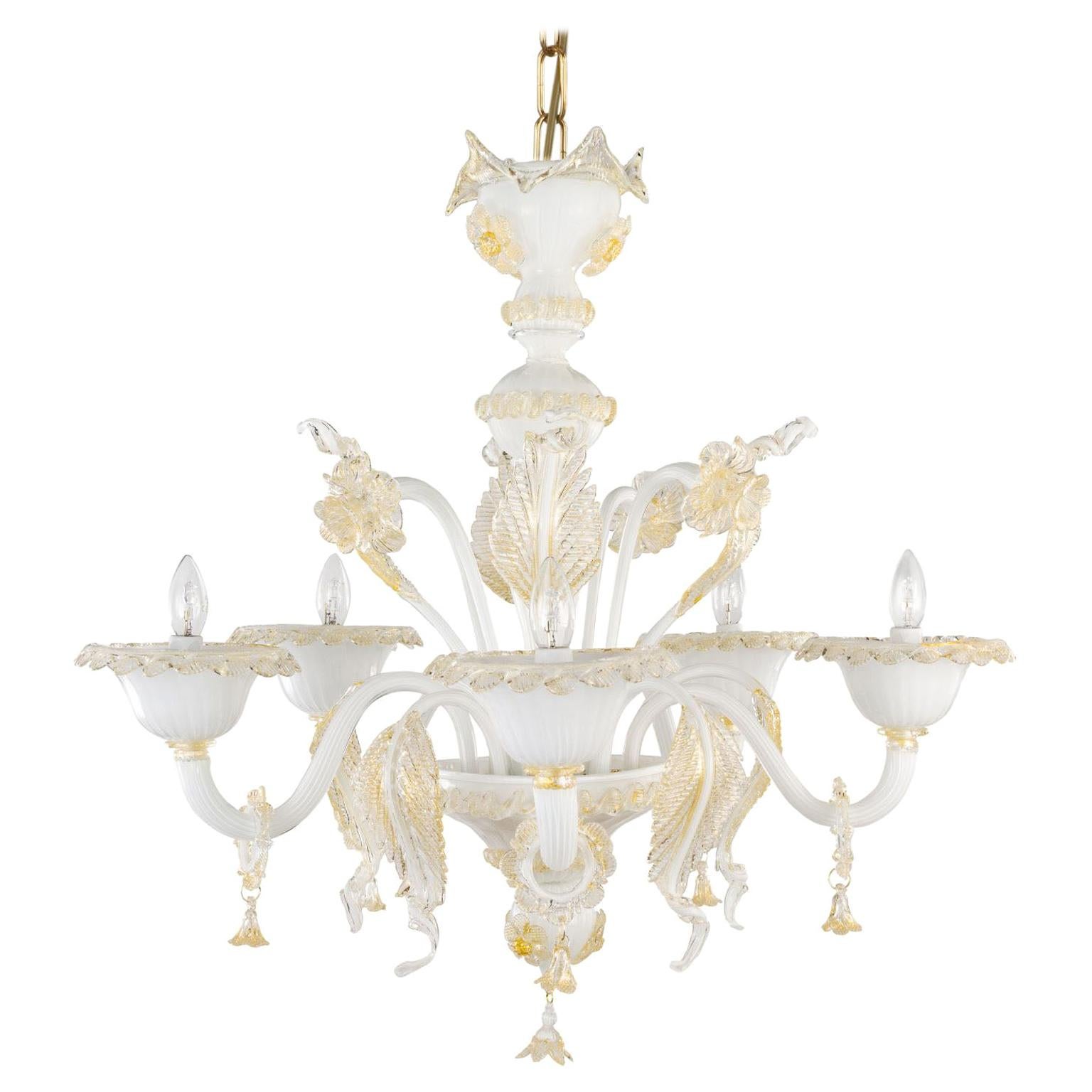 Venetian Chandelier 5 Arms, Murano White Encased Glass, Gold Details, Multiforme For Sale