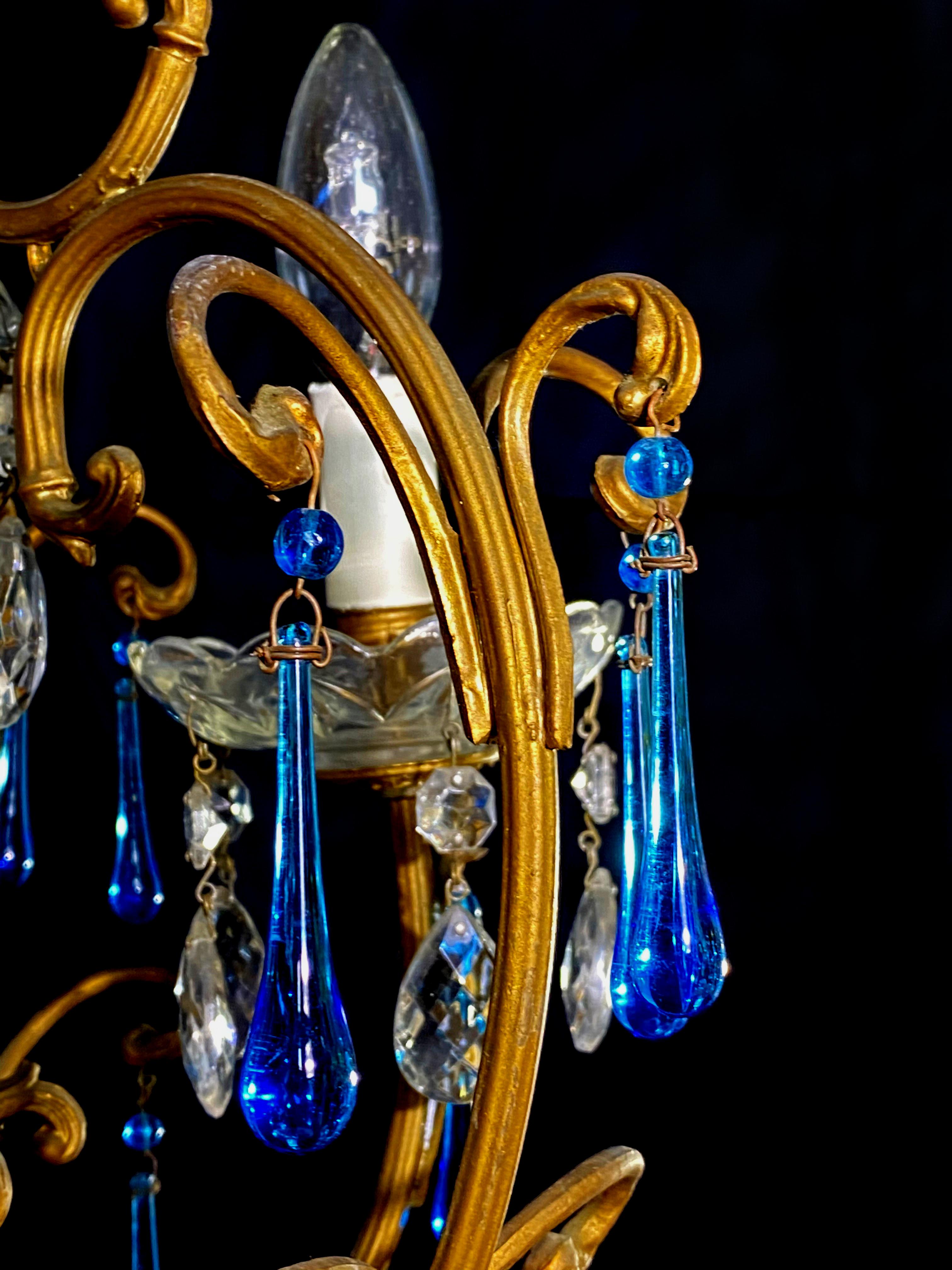 Metal Venetian Chandelier Blue Drops, Murano, 1970s