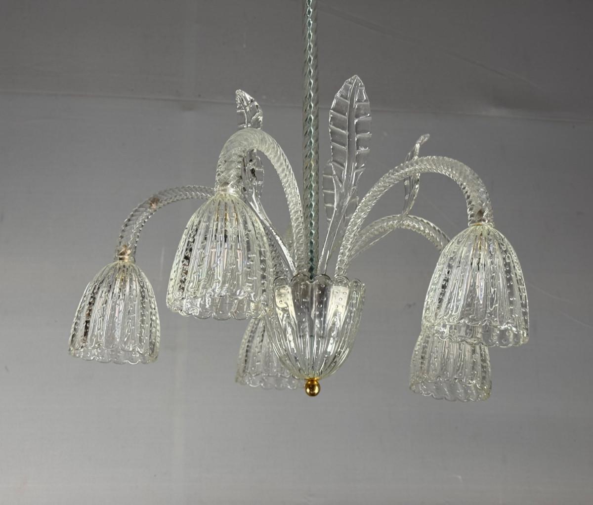 Venetian Chandelier By Barovier In Colourless Murano Glass, Circa 1940 For Sale 4