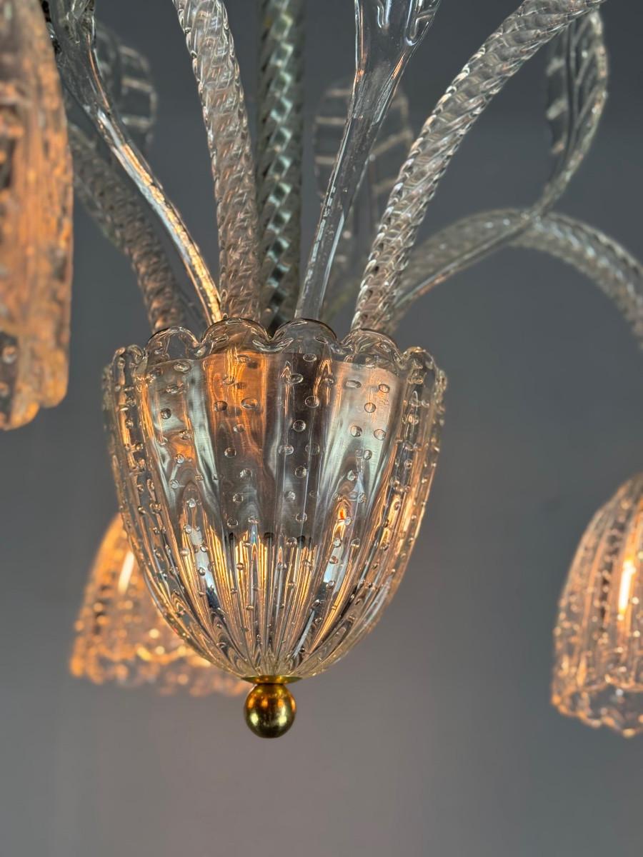 Art Deco Venetian Chandelier By Barovier In Colourless Murano Glass, Circa 1940 For Sale