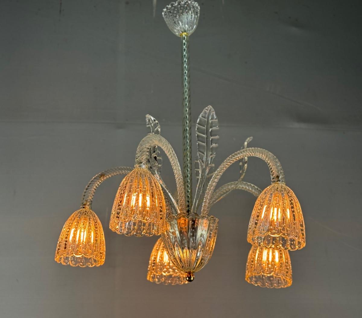 Venetian Chandelier By Barovier In Colourless Murano Glass, Circa 1940