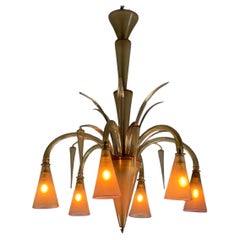 Venetian Chandelier In Beige/gray Murano Glass Bordered With A Red Line
