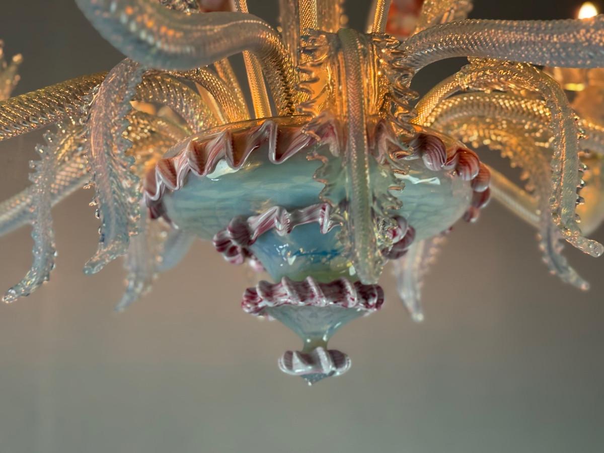 Venetian chandelier in blue and pink Murano glass, 8 arms, circa 1950 In Good Condition For Sale In Honnelles, WHT