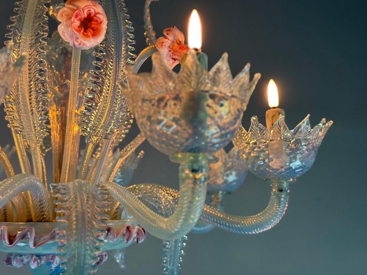 Venetian Chandelier In Blue And Pink Murano Glass, 8 Arms Of Light Circa 1940 For Sale 1