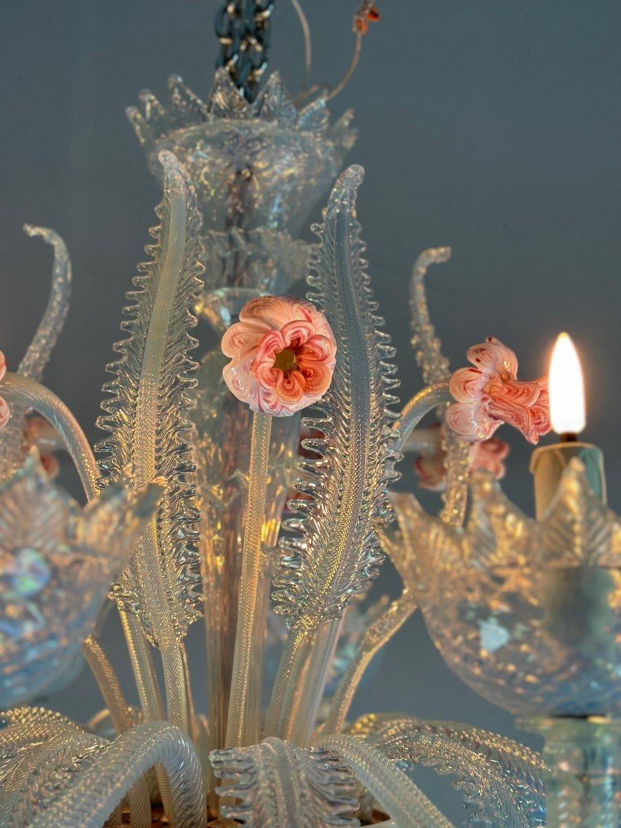 Venetian Chandelier In Blue And Pink Murano Glass, 8 Arms Of Light Circa 1940 For Sale 2