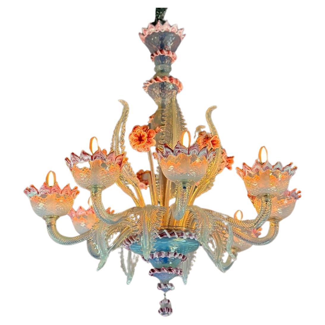 Venetian Chandelier In Blue And Pink Murano Glass, 8 Arms Of Light Circa 1940 For Sale
