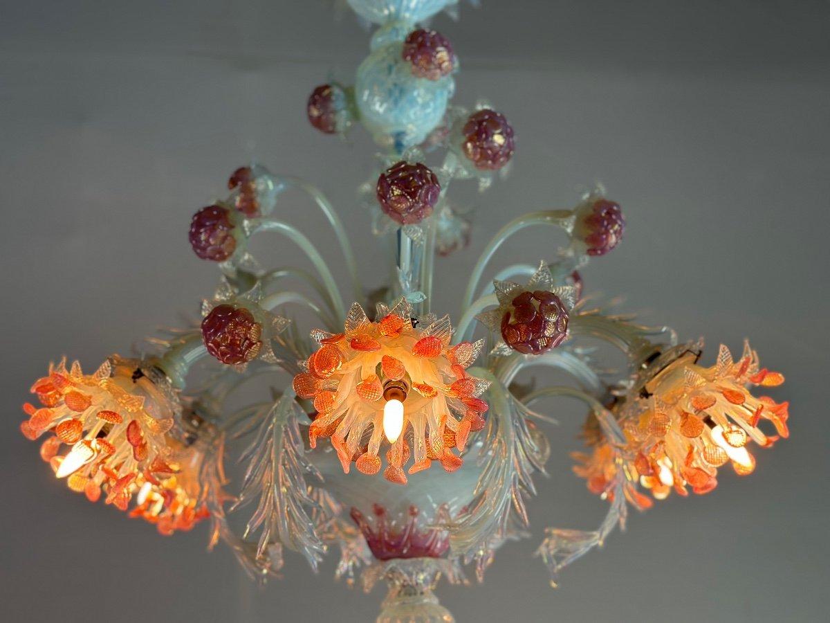 Venetian Chandelier In Blue And Red Murano Glass Circa 1930 In Good Condition For Sale In Honnelles, WHT