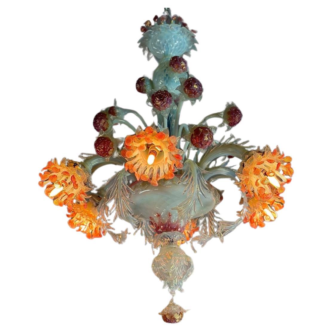 Venetian Chandelier In Blue And Red Murano Glass Circa 1930 For Sale