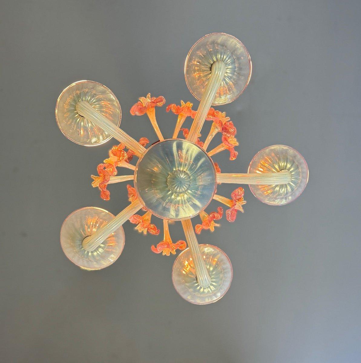 Venetian Chandelier, In Blue And Red Murano Glass, Five Arms Of Light For Sale 3