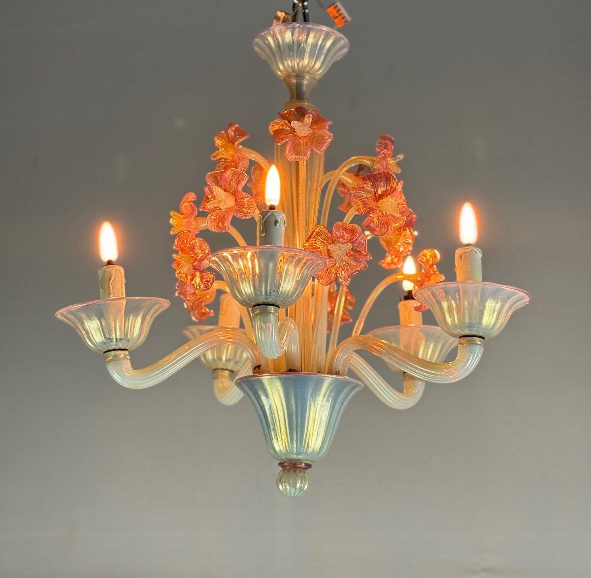 Venetian Chandelier, In Blue And Red Murano Glass, Five Arms Of Light For Sale 4