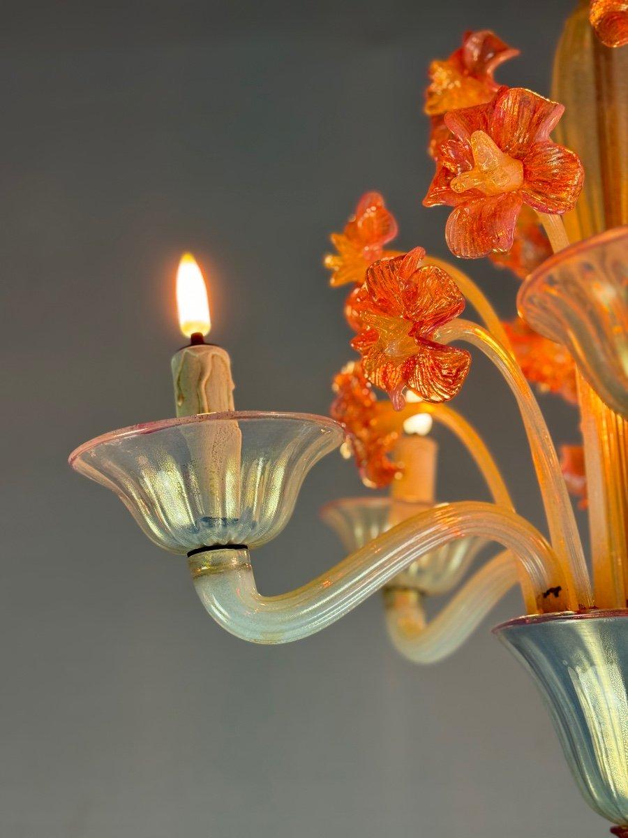 Art Déco Lampadario veneziano in vetro di Murano blu e rosso, cinque bracci di luce in vendita