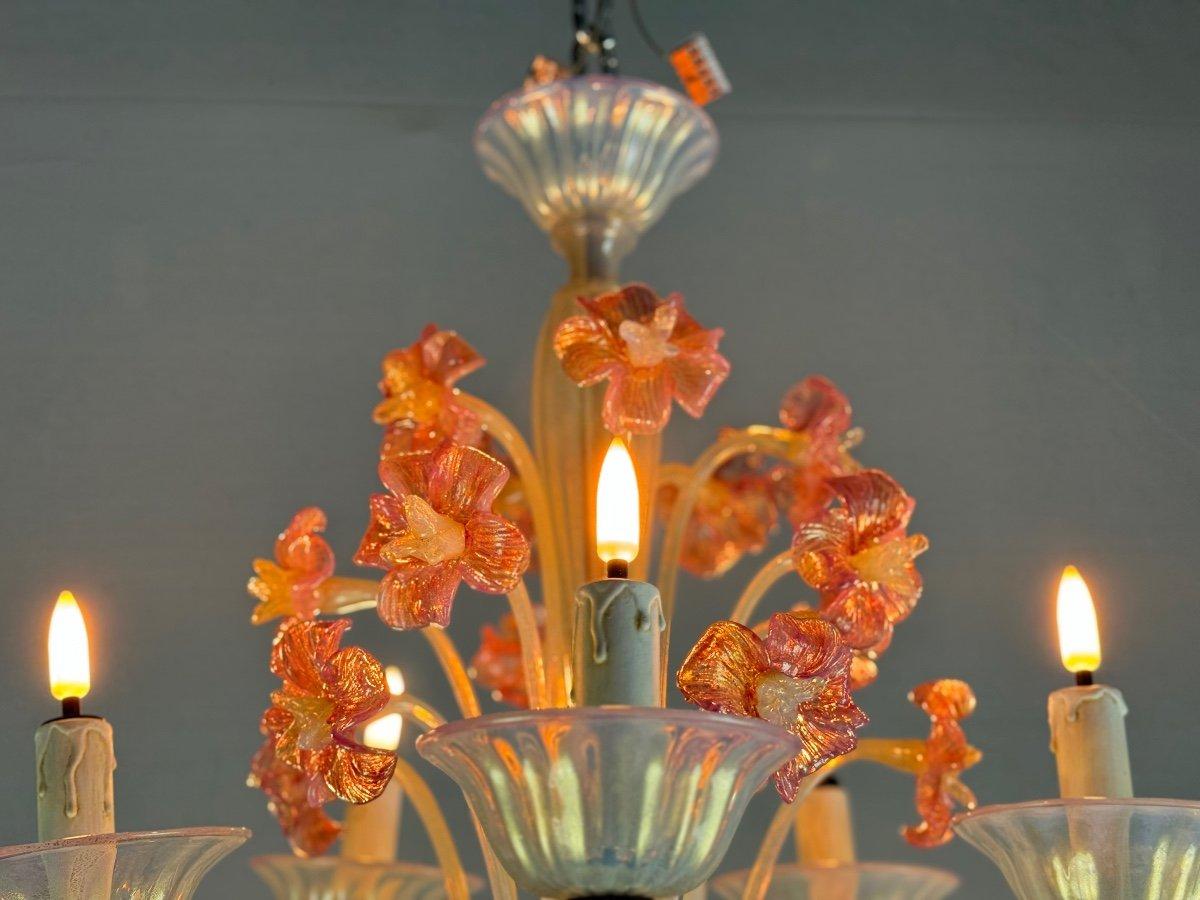 Venetian Chandelier, In Blue And Red Murano Glass, Five Arms Of Light In Excellent Condition For Sale In Honnelles, WHT