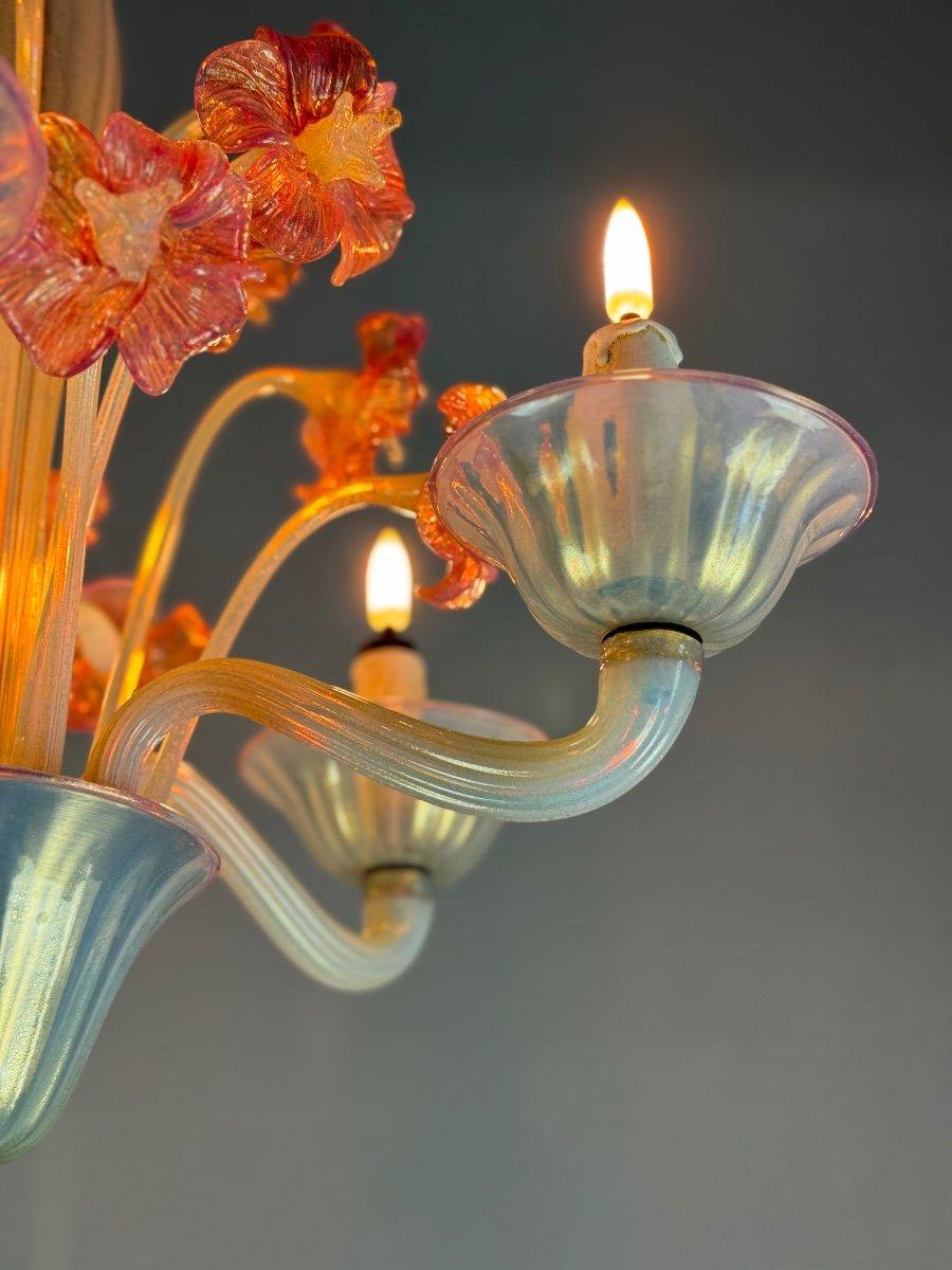 XX secolo Lampadario veneziano in vetro di Murano blu e rosso, cinque bracci di luce in vendita