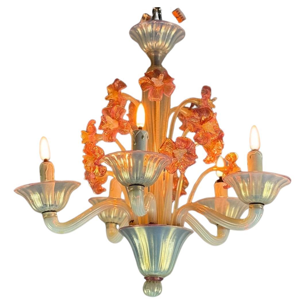 Venetian Chandelier, In Blue And Red Murano Glass, Five Arms Of Light For Sale