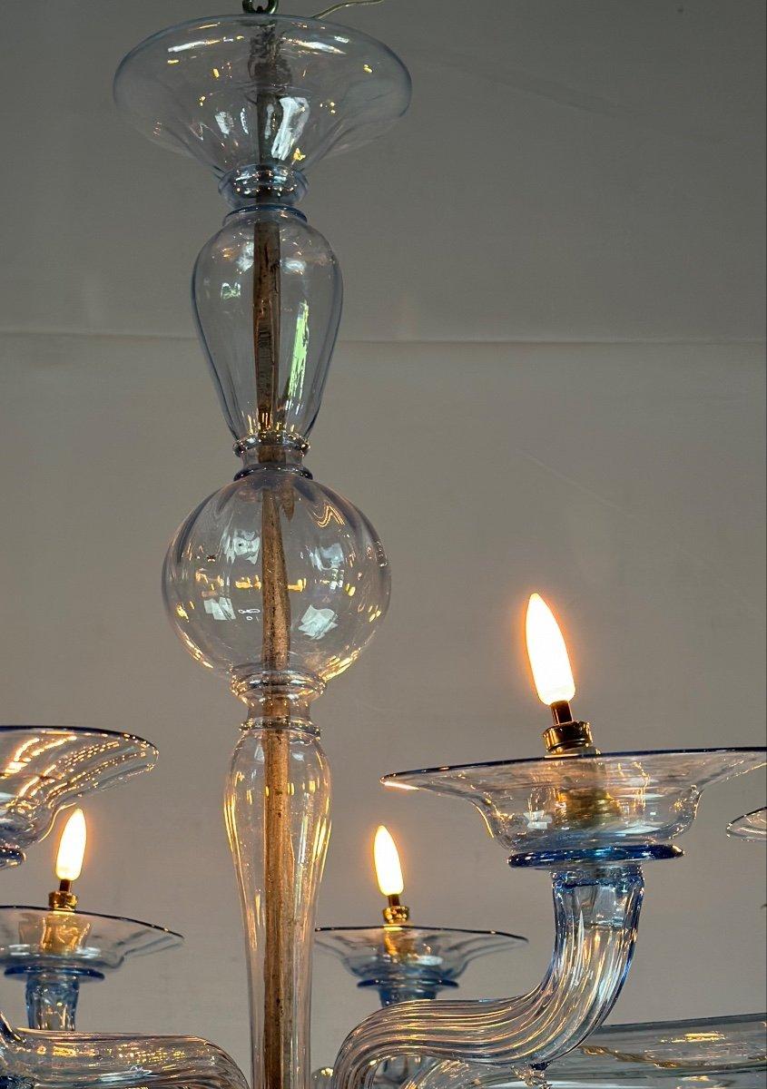 Venetian chandelier in Murano glass by Venini in oval shape, blue color, new electrification.