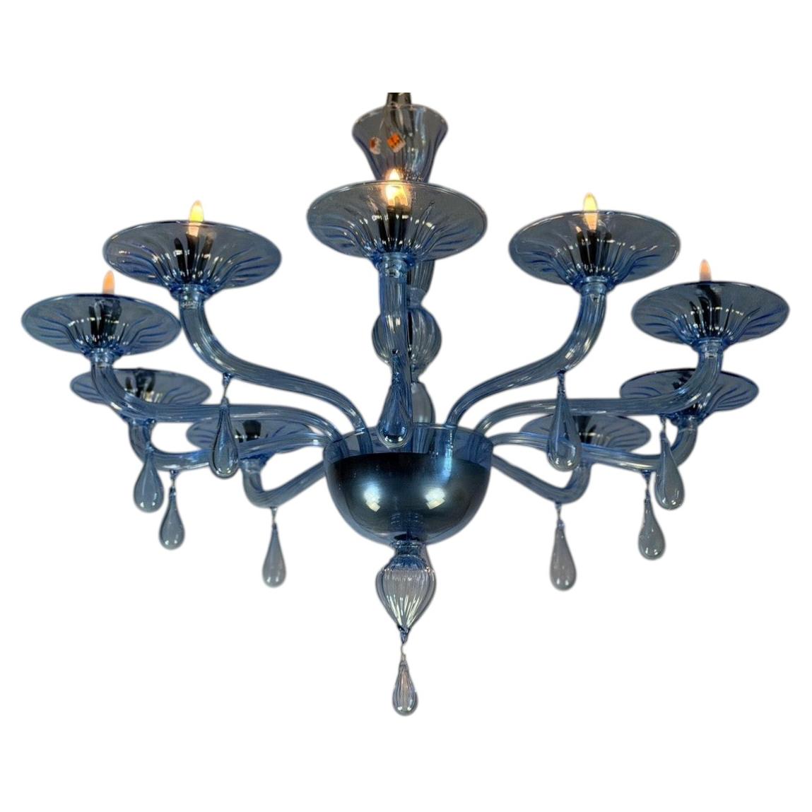 Venetian chandelier in blue Murano glass, around 1980 For Sale