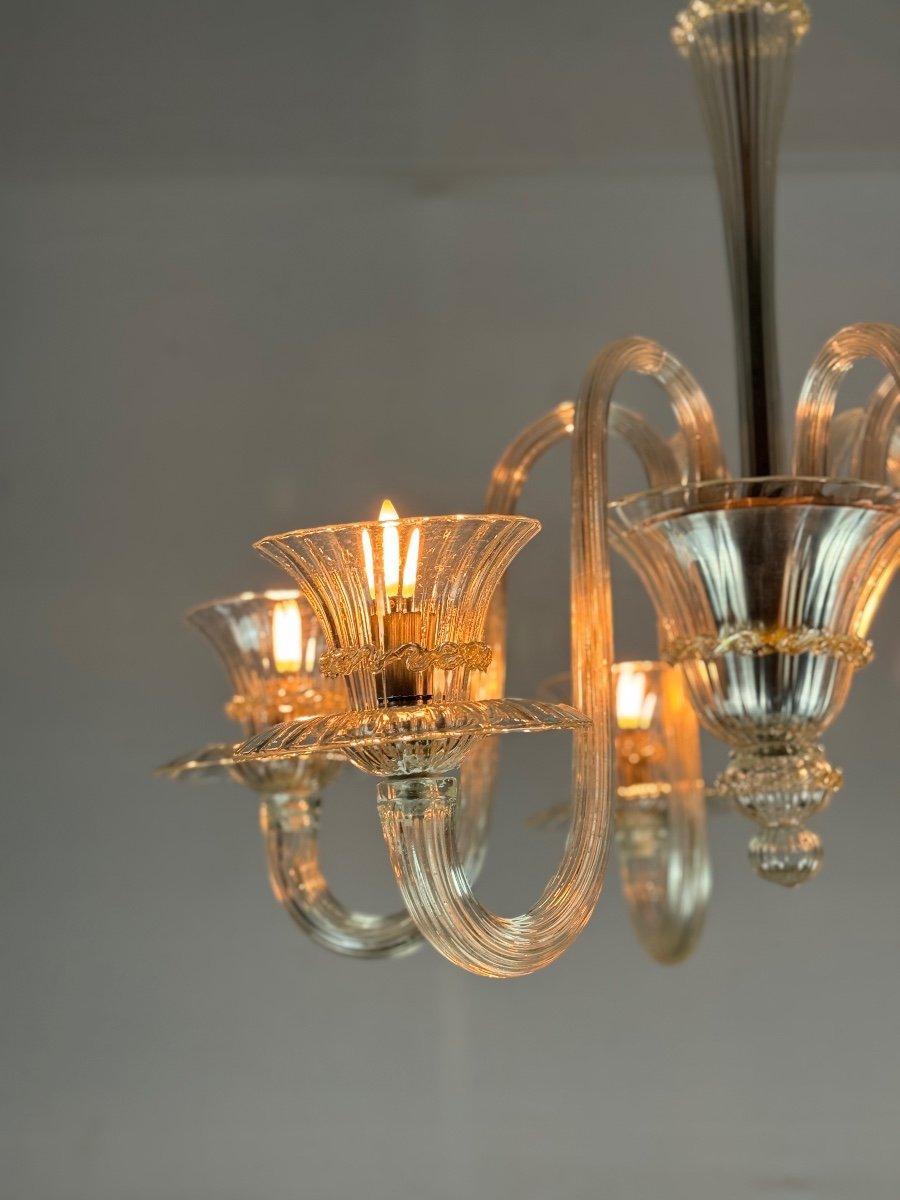 Art Deco Venetian Chandelier In Colorless And Golden Murano Glass, Circa 1940 For Sale