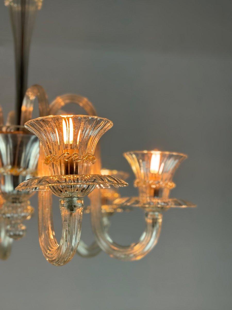 Italian Venetian Chandelier In Colorless And Golden Murano Glass, Circa 1940 For Sale