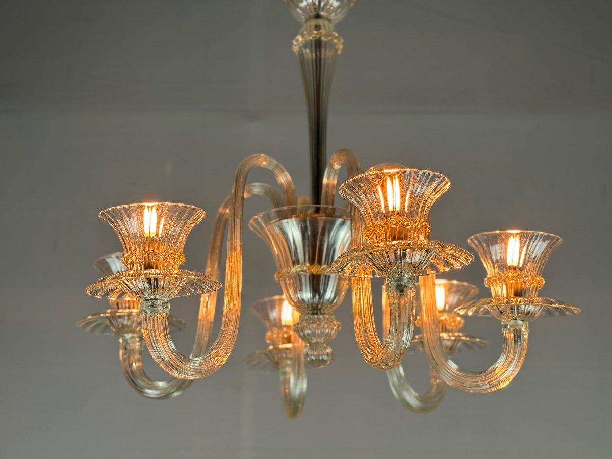 Metal Venetian Chandelier In Colorless And Golden Murano Glass, Circa 1940 For Sale