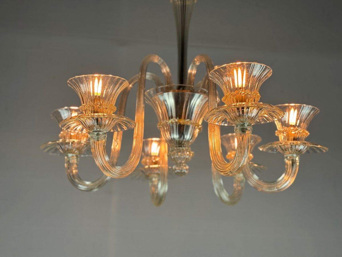 Venetian Chandelier In Colorless And Golden Murano Glass, Circa 1940 For Sale 1