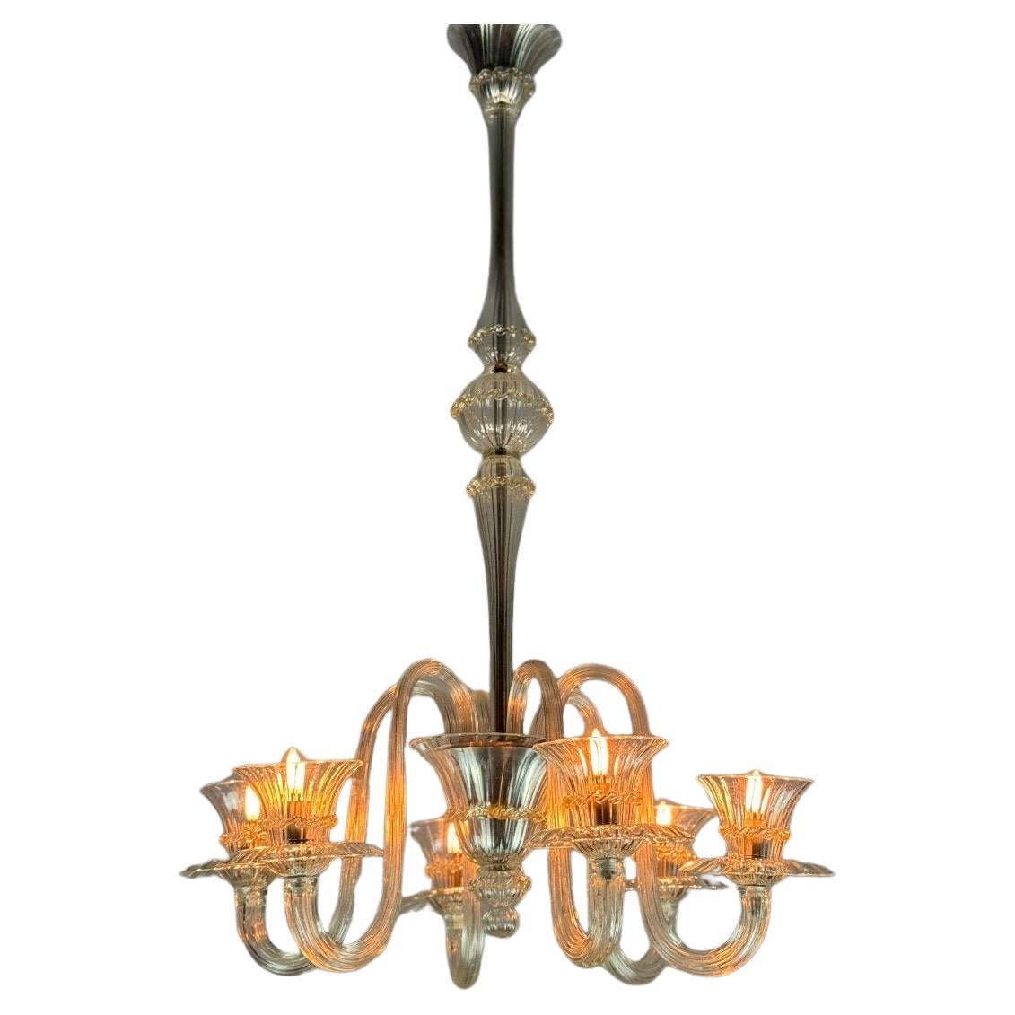 Venetian Chandelier In Colorless And Golden Murano Glass, Circa 1940 For Sale