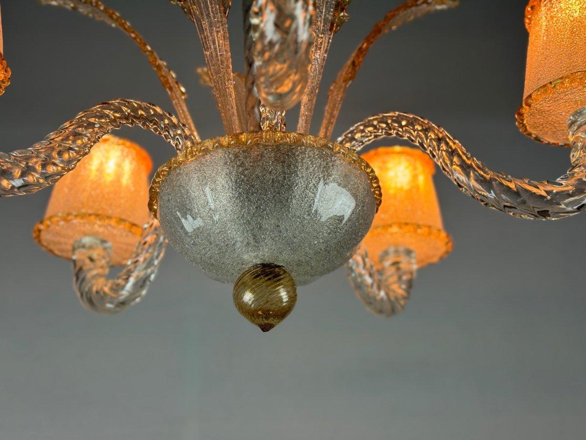 Venetian Chandelier In Colorless And Golden Murano Glass Circa 1950 For Sale 1