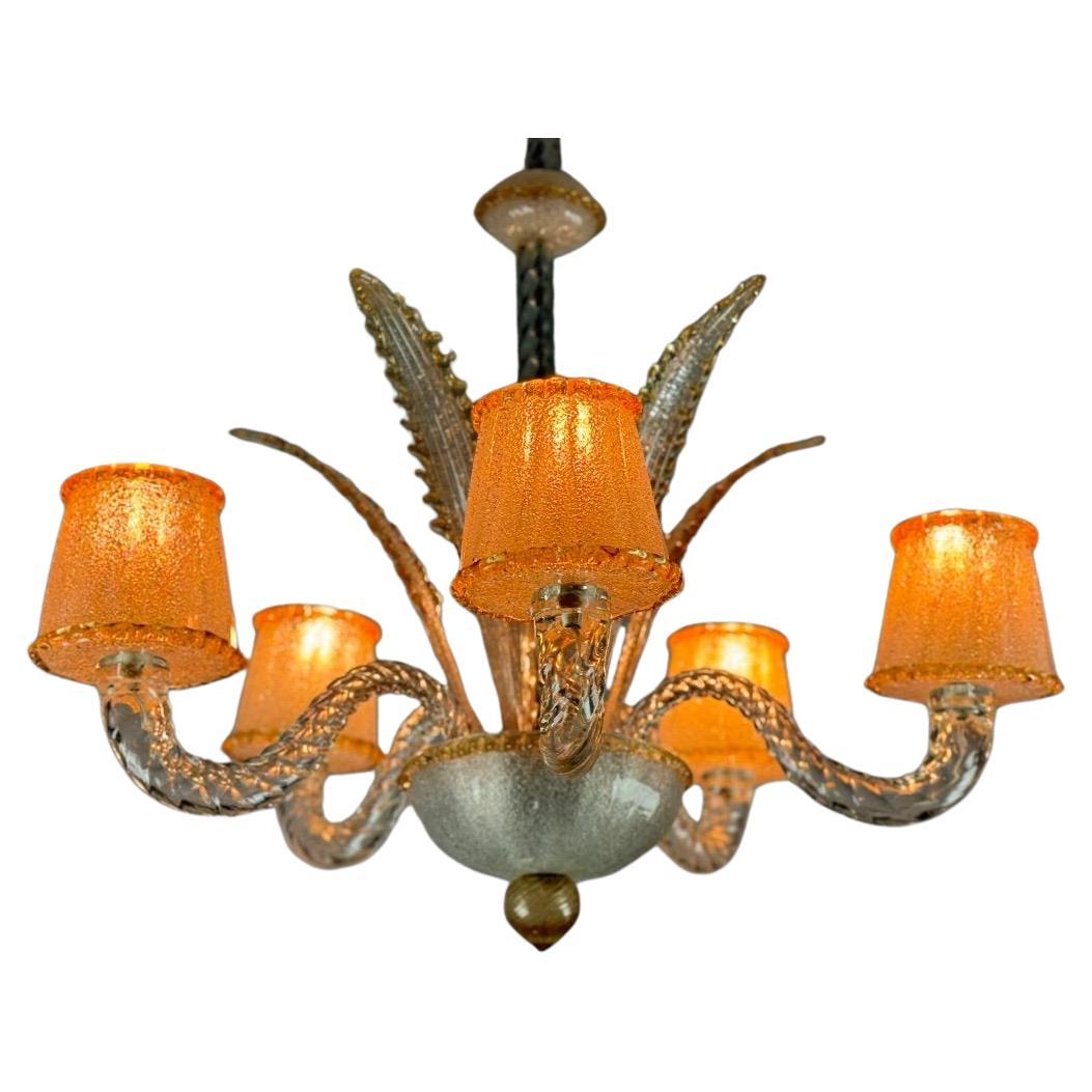Venetian Chandelier In Colorless And Golden Murano Glass Circa 1950 For Sale