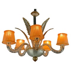 Vintage Venetian Chandelier In Colorless And Golden Murano Glass Circa 1950