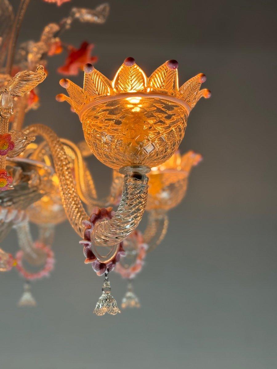 Metal Venetian Chandelier In Colorless And Pink Murano Glass, Circa 1940 For Sale
