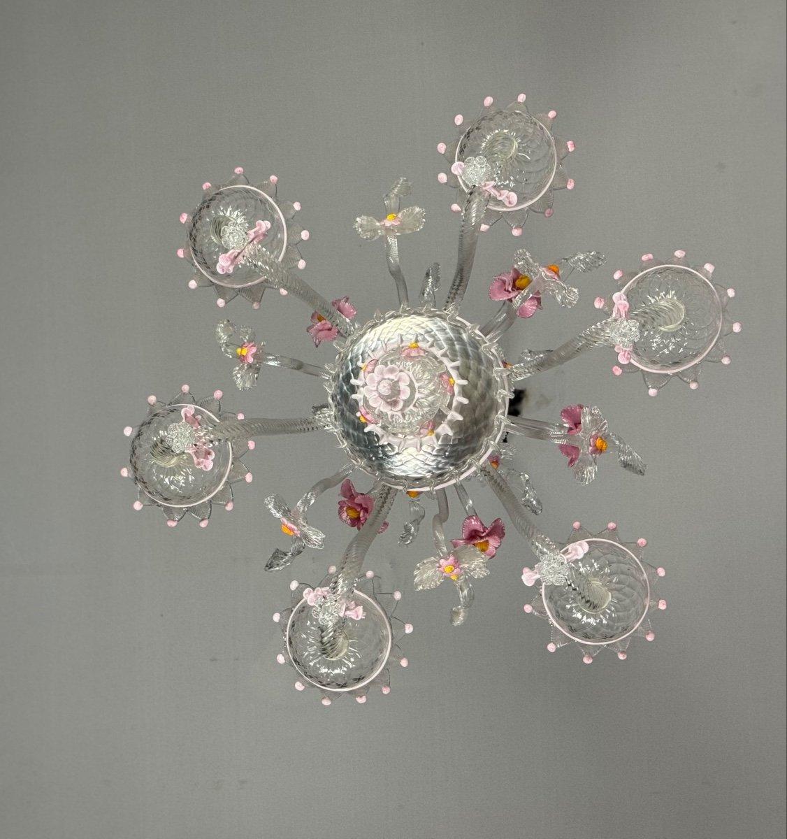 Venetian Chandelier In Colorless And Pink Murano Glass, Circa 1940 For Sale 2
