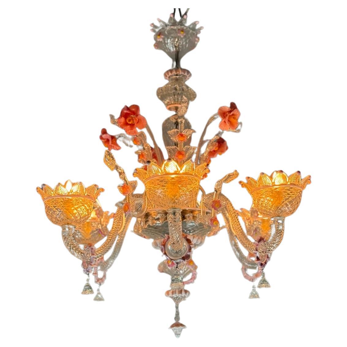 Venetian Chandelier In Colorless And Pink Murano Glass, Circa 1940