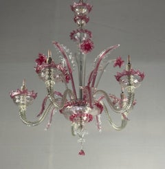Venetian Chandelier In Colorless And Red Murano Glass 5 Arms Of Light