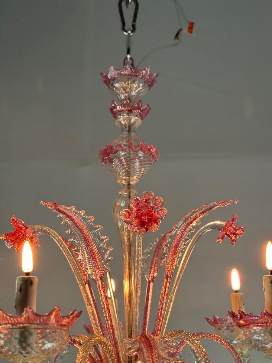 20th Century Venetian Chandelier In Colorless And Red Murano Glass 5 Arms Of Light For Sale