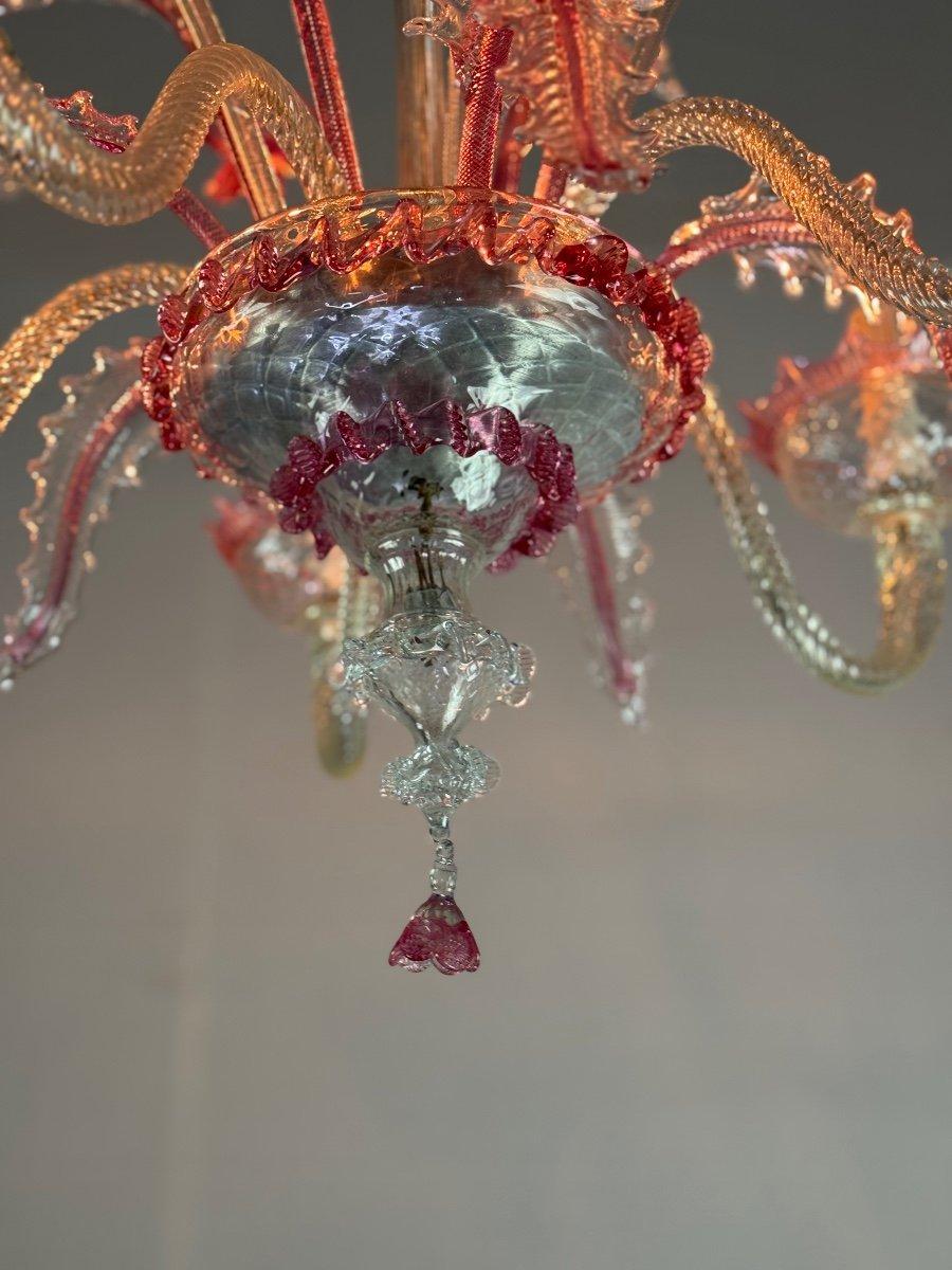 Metal Venetian Chandelier In Colorless And Red Murano Glass 5 Arms Of Light For Sale
